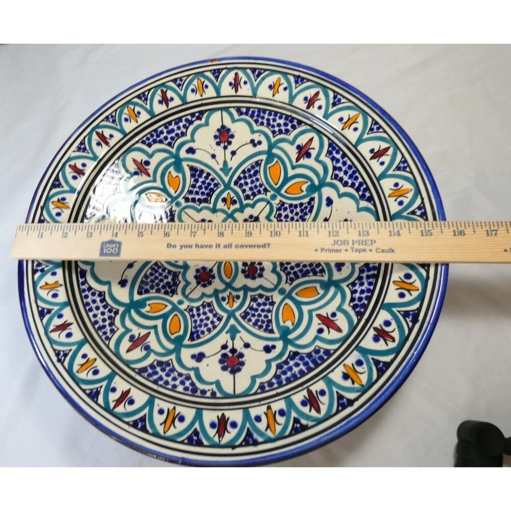 Large VTG Hand Painted Moroccan Floral Mandala Bowl Heavy Gorgeous 16